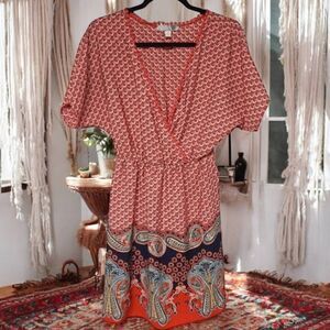Boho chic faux wrap hippie Paisley mini dress retro red Artsy casual 70's Med